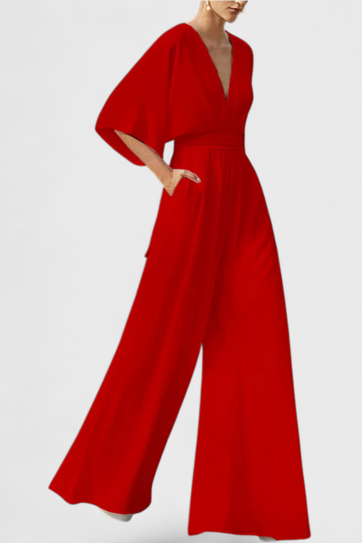 Isaura | Mono Largo Elegante con Pierna Ancha y Escote en V