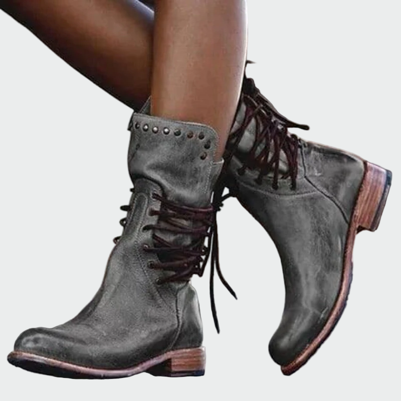 Ana | Botines De Piel Gris Con Cordones Y TacónPulidoMarta