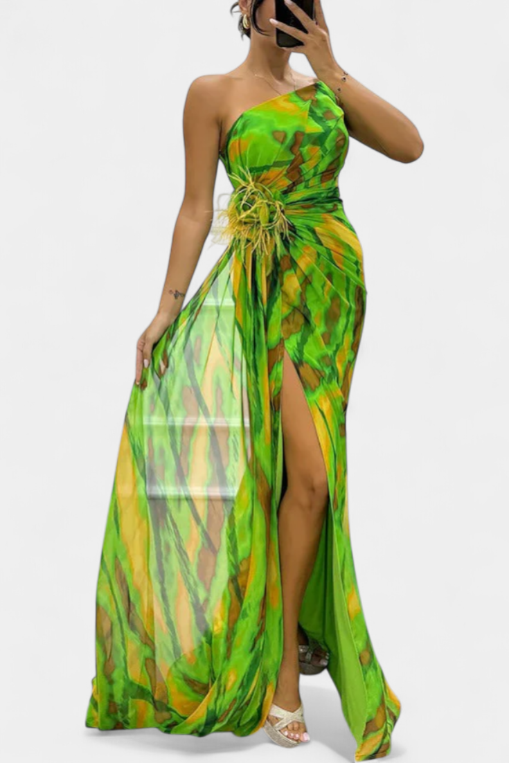 Aylin | Vestido Maxi Asimétrico con Estampado Vibrante