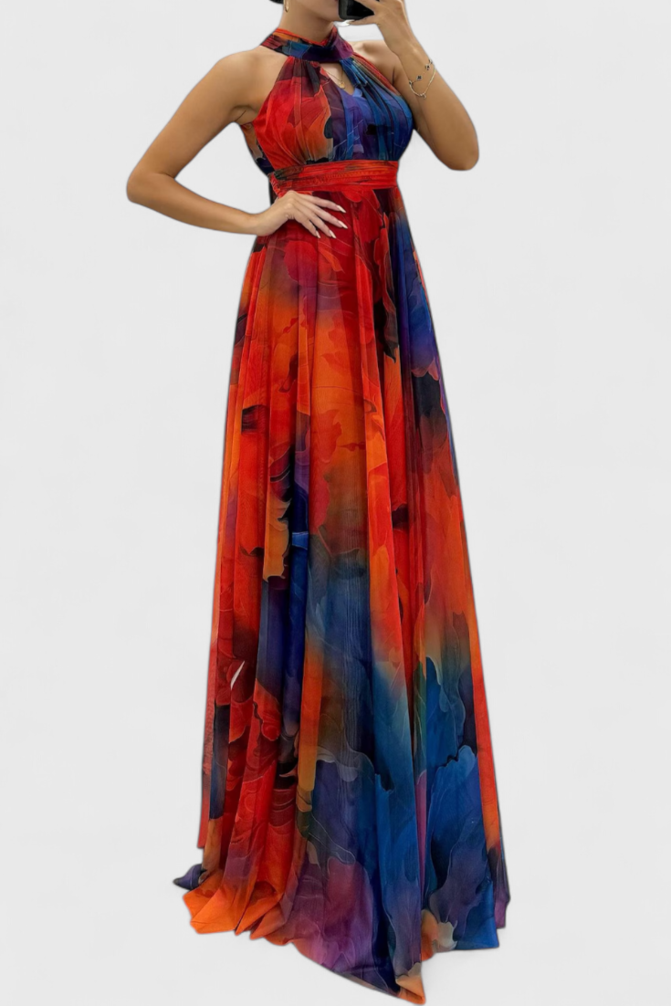 Caprice | Vestido Maxi de Gasa con Estampado Floral y Cuello Halter