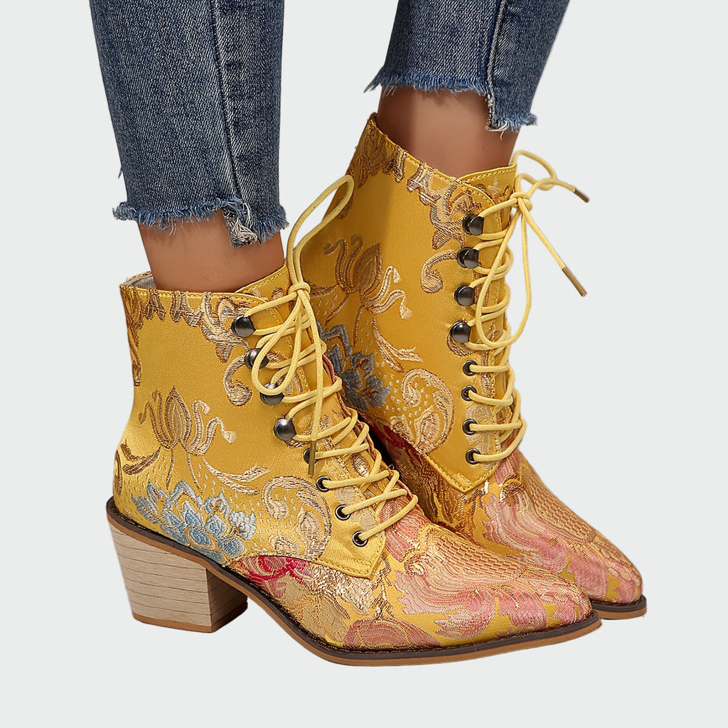 Sandra | Botines De Cuero Con Flores Elegantes Radiantes