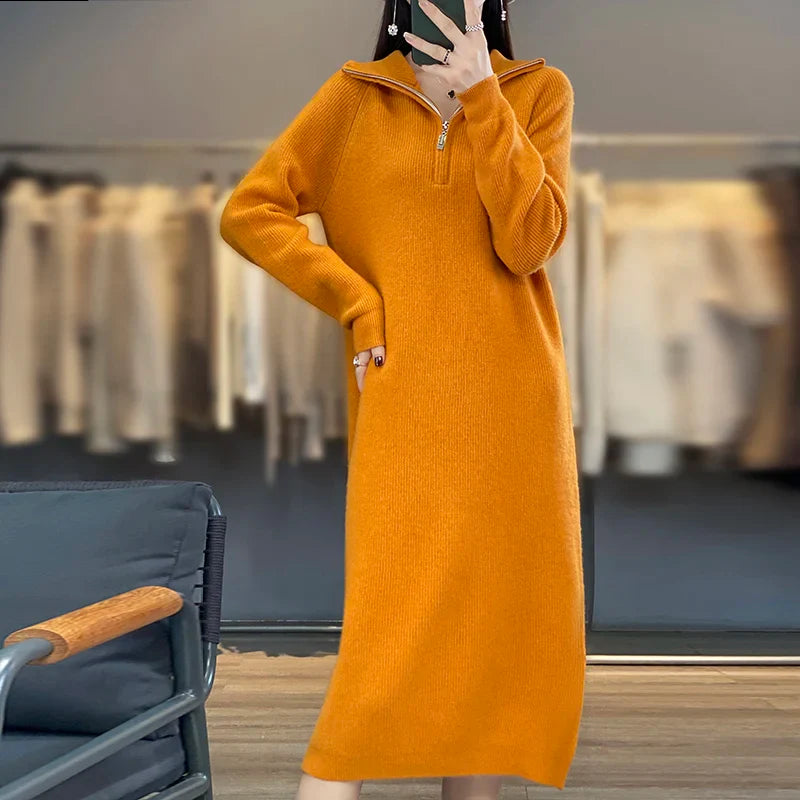 Sofía | Vestido Naranja de Punto de Lana Merino con Cremallera, Cálido y Suave