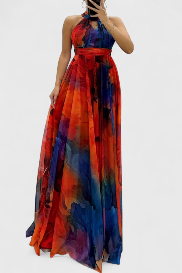 Caprice | Vestido Maxi de Gasa con Estampado Floral y Cuello Halter