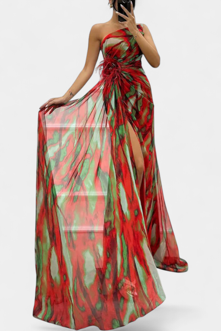 Aylin | Vestido Maxi Asimétrico con Estampado Vibrante